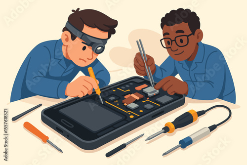 Electronics repair teamwork concept. Technicians fixing smartphone motherboard. Precision tools, circuit board, soldering, maintenance, mobile device repair. STEM education, workshop, technology