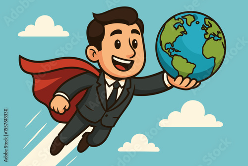 Businessman superhero flying with red cape, holding globe, symbolizing global leadership, responsibility, international business success, corporate power, world protection, cartoon vector