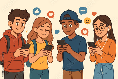 Teenagers Using Smartphones for Social Media, Texting, and Messaging, Digital Communication, Mobile Technology, Youth Connectivity, Vector Cartoon Illustration