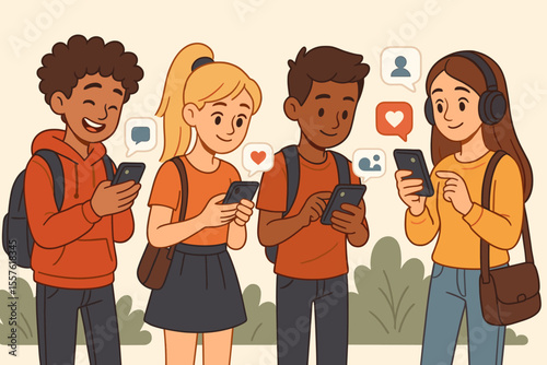 Teenagers using smartphones outdoors, social media interaction, texting, chatting, online communication, friendship, digital lifestyle, cartoon vector, diverse youth, technology addiction concept