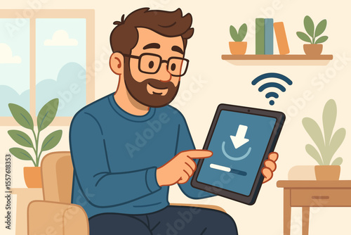 Smiling man using digital tablet for wireless software update at home, modern technology lifestyle, internet connection, cartoon illustration, cozy living room, tech device upgrade concept