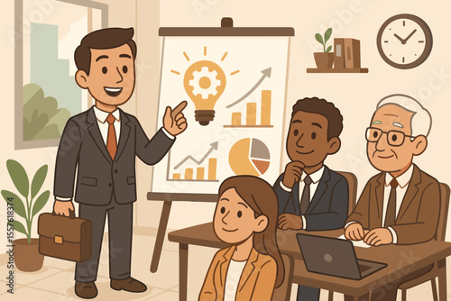 Business Presentation Startup Pitch Meeting. Cartoon Vector Illustration of Entrepreneur Presenting Innovative Idea, Growth Charts, and Analytics to Investors in Modern Office Conference Room