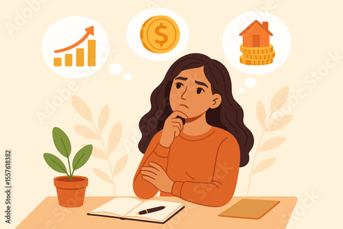 Woman Thinking About Investment Goals and Financial Planning, Budget Management, Saving Money, Real Estate, Economic Growth, Wealth Strategy, Personal Finance, Vector Illustration