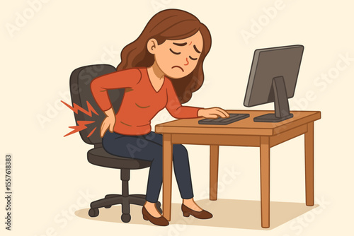 Office woman suffering lower back pain sitting at desk. Incorrect posture, ergonomic problem, workplace injury, spinal discomfort. Health risk, sedentary lifestyle, computer work, vector illustration.