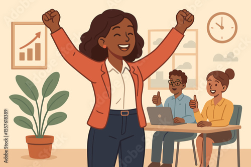 Confident businesswoman celebrating success in modern office, diverse team support, teamwork achievement, leadership, growth chart, motivation, professional workplace, vector illustration