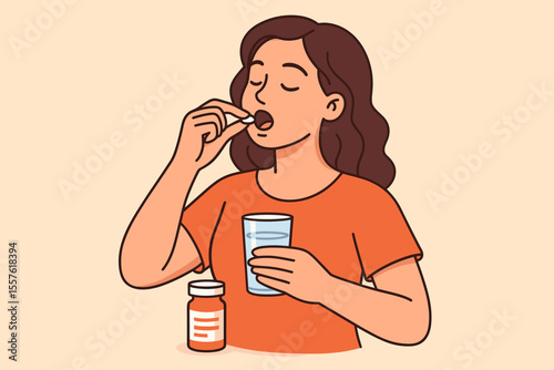 Woman Taking Medication Pills with Glass of Water, Prescription Bottle, Daily Health Routine, Medical Treatment, Patient Care, Pharmacy Concept, Vector Cartoon Illustration