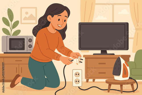 Woman unplugging electrical appliances to save energy at home, cartoon vector illustration. Energy conservation, eco-friendly lifestyle, household safety, unplug devices, sustainable living concept.