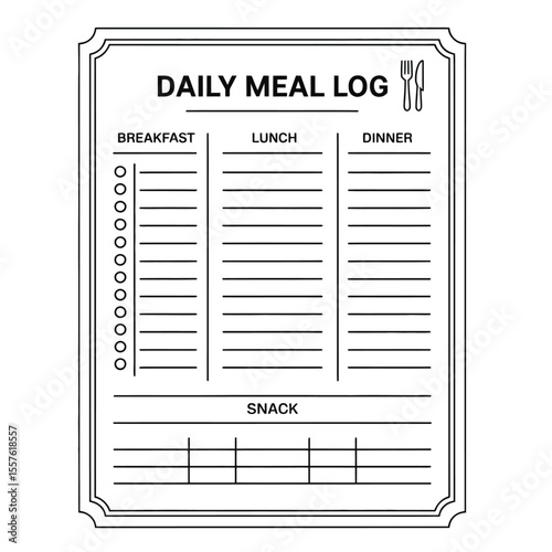 Black and white daily meal log sheet with sections for breakfast, lunch, dinner, and snacks in clean minimalist vector layout