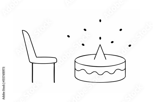 Simple chair and cake with scattered dots black and white