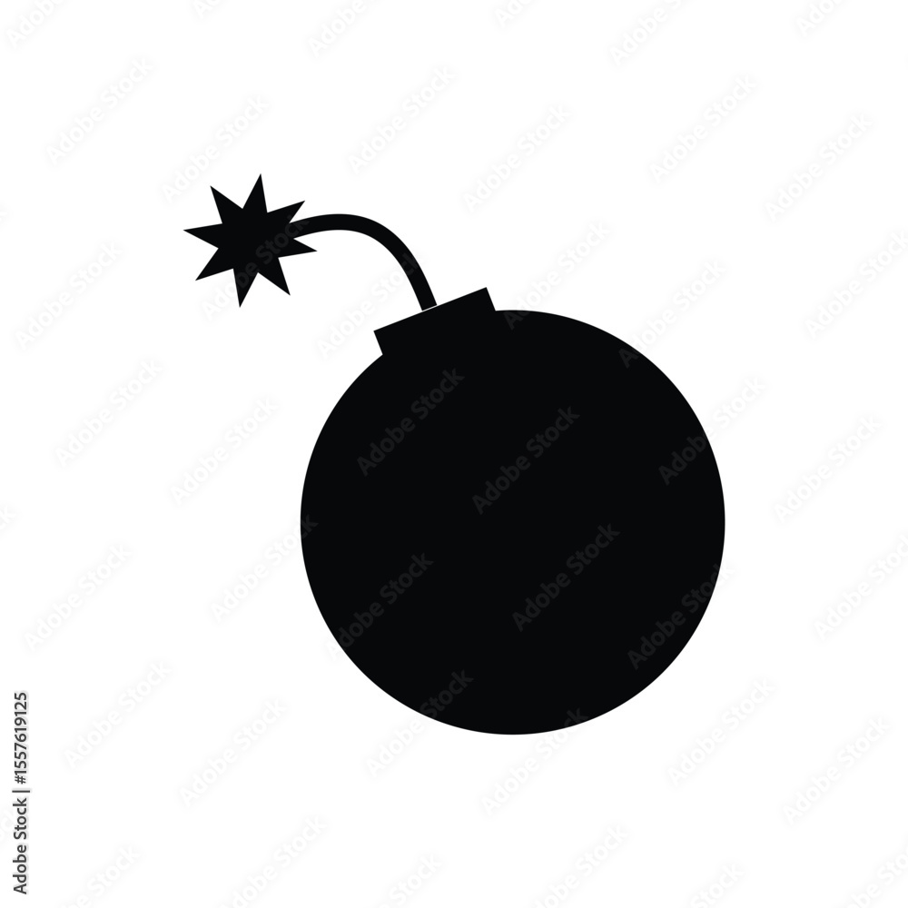Black bomb icon silhouette with lit fuse on white background, vector explosive symbol for danger or cartoon design