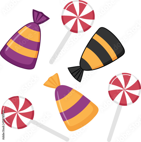 Halloween Candy Collection:  Striped Lollipops and Wrapped Candies, Flat Design, Festive and Playful Mood, Perfect for Autumn Celebrations,  Treats, and Sweet Treats Graphics.