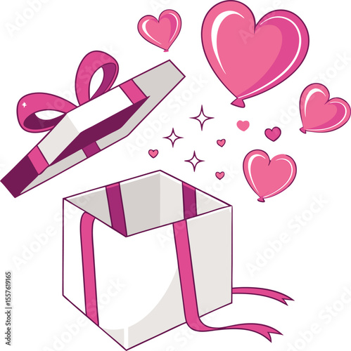 Unboxing Heartfelt Emotion: An open gift box with a pink ribbon unleashes a stream of pink heart balloons and sparkling confetti.