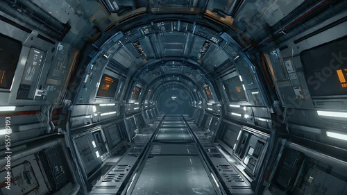 Futuristic spaceship interior tunnel seamless loop with bright lights and metallic textures