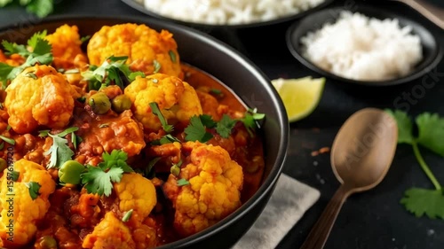 Aloo Gobi in a black bowl with parsley and peas, served alongside rice and lime, showing a delicious Indian dish.