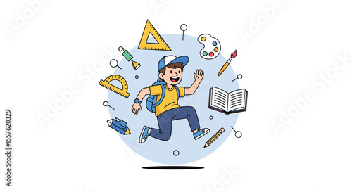 Enthusiastic student with backpack running toward knowledge surrounded by school supplies and learning tools