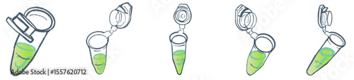 Hand-Drawn Microcentrifuge Tube Collection – Cute Science Lab Illustration Set with Green Liquid for Medical Research, Biotechnology Projects, Academic Presentations, and Laboratory-Themed Branding 