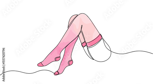 Pink Stockings in Erotic Pose — Fetish Legs Illustration — One Line Doodle with Watercolor Fill — Vector Design for Sex Toy Advertisements and Adult-Themed Merchandise