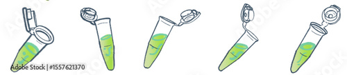 Hand-Drawn Microcentrifuge Tube Collection – Cute Science Lab Illustration Set with Green Liquid for Medical Research, Biotechnology Projects, Academic Presentations, and Laboratory-Themed Branding 