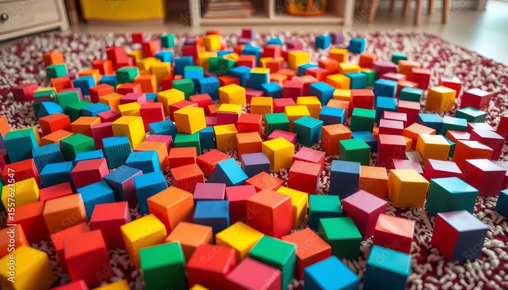 Obraz premium Brightly colored blocks scattered on a rug, creating a playful learning environment, wooden, childhood