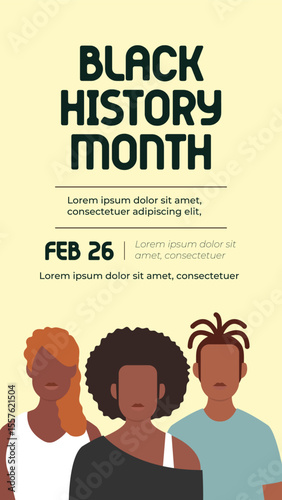 Celebrating Black History Month: A digital graphic honoring Black History Month with figures showcasing diversity and unity against a soft background.