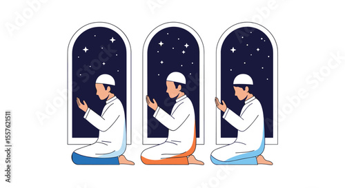 Three Muslim Men Praying in Traditional Attire Under a Starry Night Sky