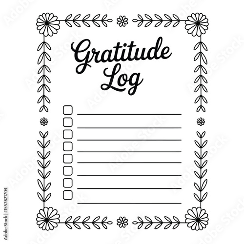 Clean black and white gratitude log with floral border and entry boxes in minimalist vector style for journaling and mindfulness practice