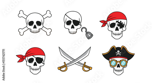 Collection of Distinct Pirate Skulls and Crossbones Illustrating Nautical Adventure Themes