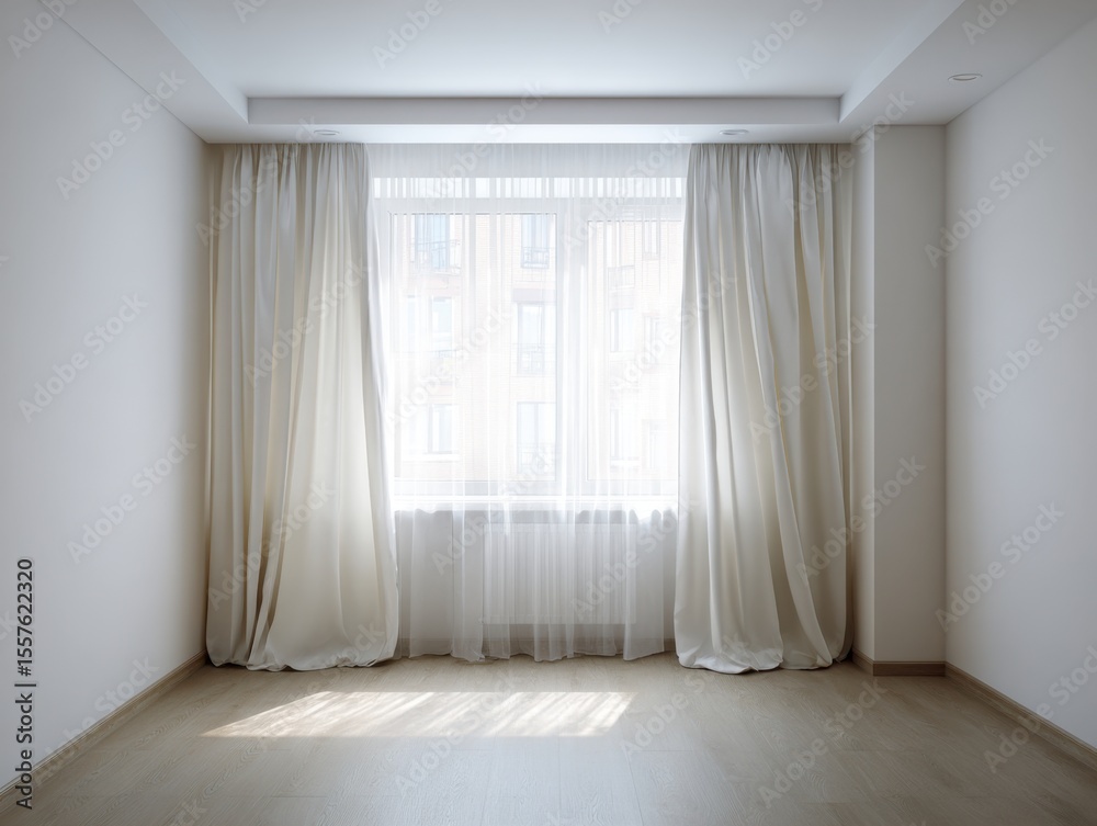 Fototapeta premium A room with white curtains and a window. The curtains are open and the room is empty. There is a window with a white curtain