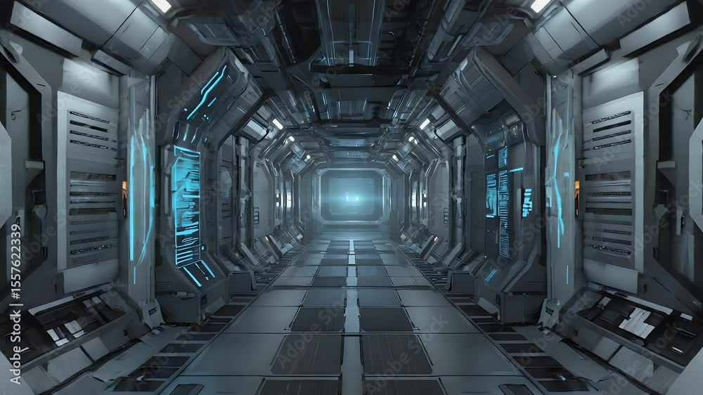 Futuristic spaceship corridor with bright glowing blue lights, clean and modern design