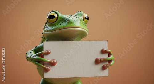 A detailed green toad with warty skin and yellow eyes holding a blank wooden sign mockup isolated on brown background