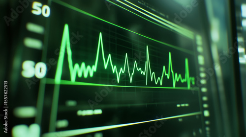 ECG monitor displaying green waveform patterns, representing heart activity and vital signs in clinical setting
