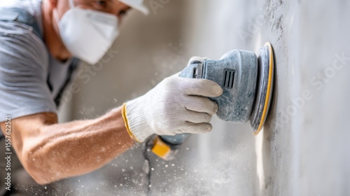 Worker in white gloves sanding plastered wall with electric sander, dust particles in air, focused interior finishing work
