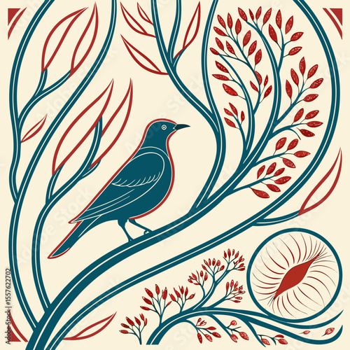 Illustration of a blue bird perched on a branch surrounded by red leaves and stylized elements design