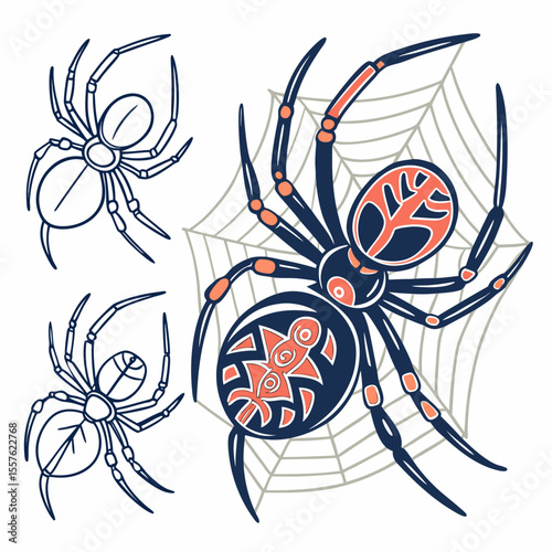 Illustration of three spiders including one on a web with red markings and dark blue outlines