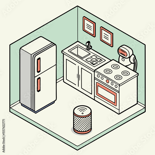 Isometric view of a kitchen with a refrigerator, stove, sink, robot, and smart speaker device