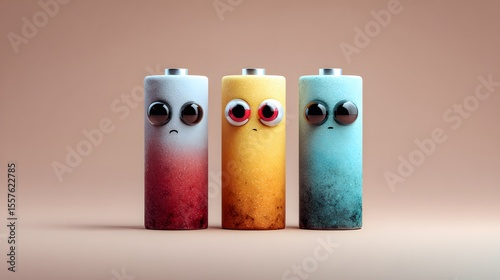 Three cartoon batteries with sad expressions representing energy depletion