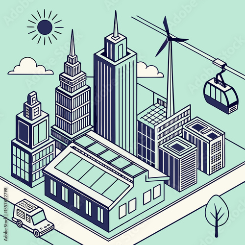 Isometric view of a city skyline with buildings, wind turbine, and a cable car system in a drawing