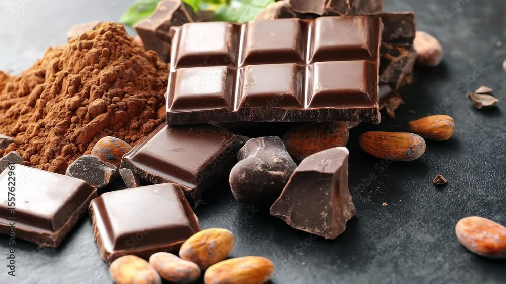Dark chocolate, cocoa powder, and cacao beans