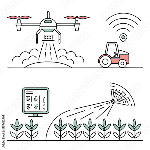 Illustration of smart farming technology with drone, tractor, monitor, and crop spraying system