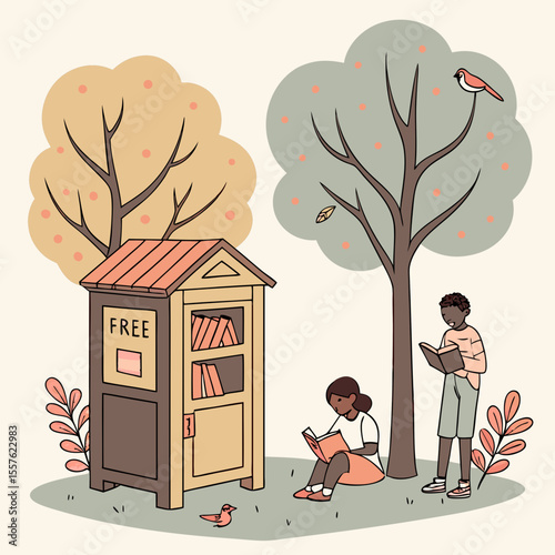Illustration of a free little library with people reading books under trees in a peaceful outdoor setting