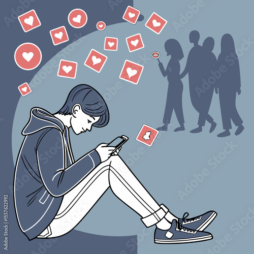 Person sitting using a phone surrounded by likes with blurred people in the background illustration