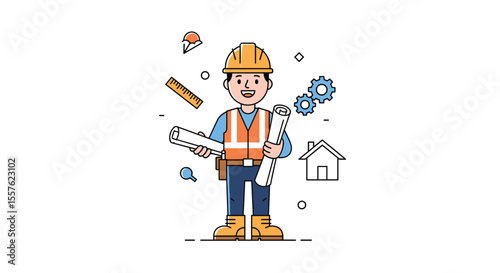 Skilled Professional Craftsman Architect Engineer Worker with Blueprints and Tools Ready for Construction Projects
