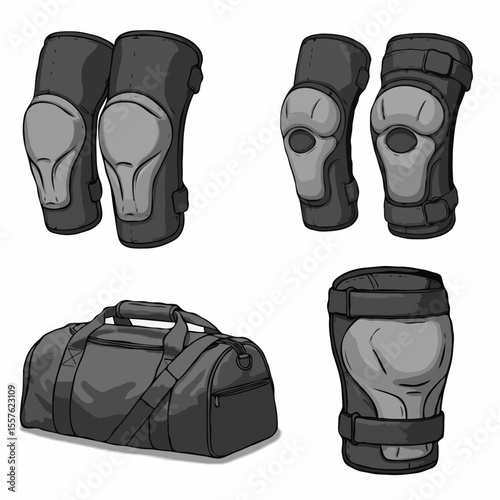 Isolated illustrations .  Illustrated black and gray protective gear set with a duffel bag for sports on a white background