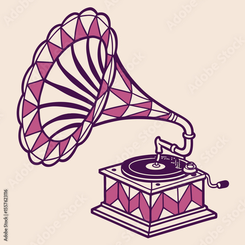 Illustration of a vintage gramophone with a large horn and geometric details on a light background