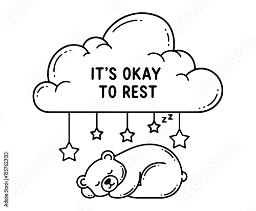 Cute Sleeping Bear Under Cloud with Stars – Rest and Self-Care Quote Design

