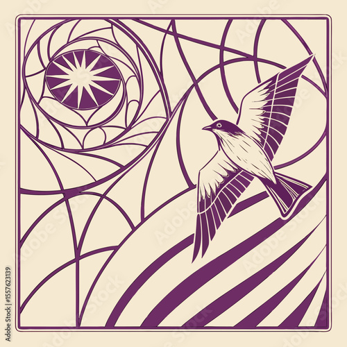 Illustration of a bird in flight with a geometric sun and striped background in purple and beige colors