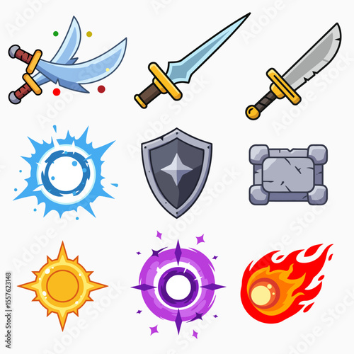 A vector set of game asset effects including energy bursts, explosions, magic effects, and dynamic visual elements. Stylized design, solid colors, bold outlines, ideal for game interfaces, animation, 
