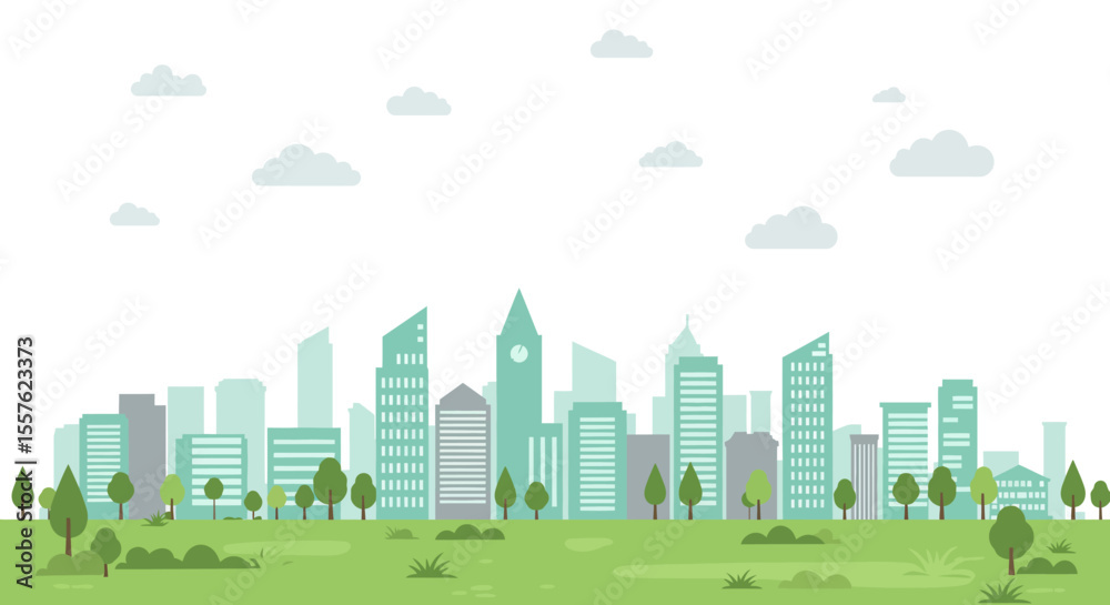 Green urban cityscape illustration: buildings, trees, and a vibrant sky form a harmonious downtown business district skyline Green urban cityscape illustration: buildings, trees, and a vibrant sky form a harmonious downtown business district skyline