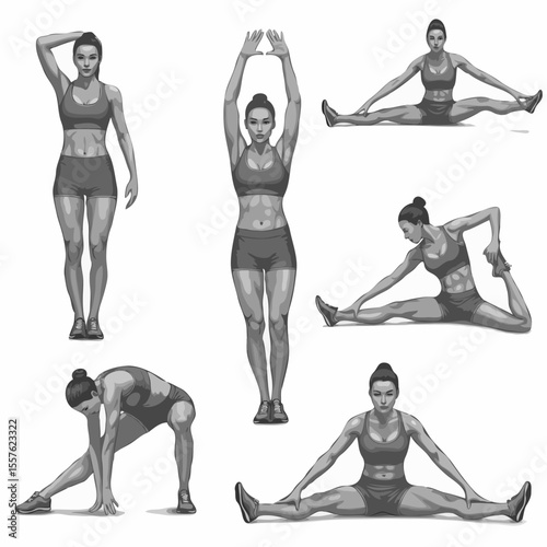 Isolated illustrations. Athletic woman demonstrating a set of yoga and stretching poses in grayscale on a white background
