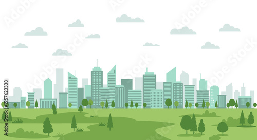 Green urban cityscape illustration: buildings, trees, and a vibrant sky form a harmonious downtown business district skyline